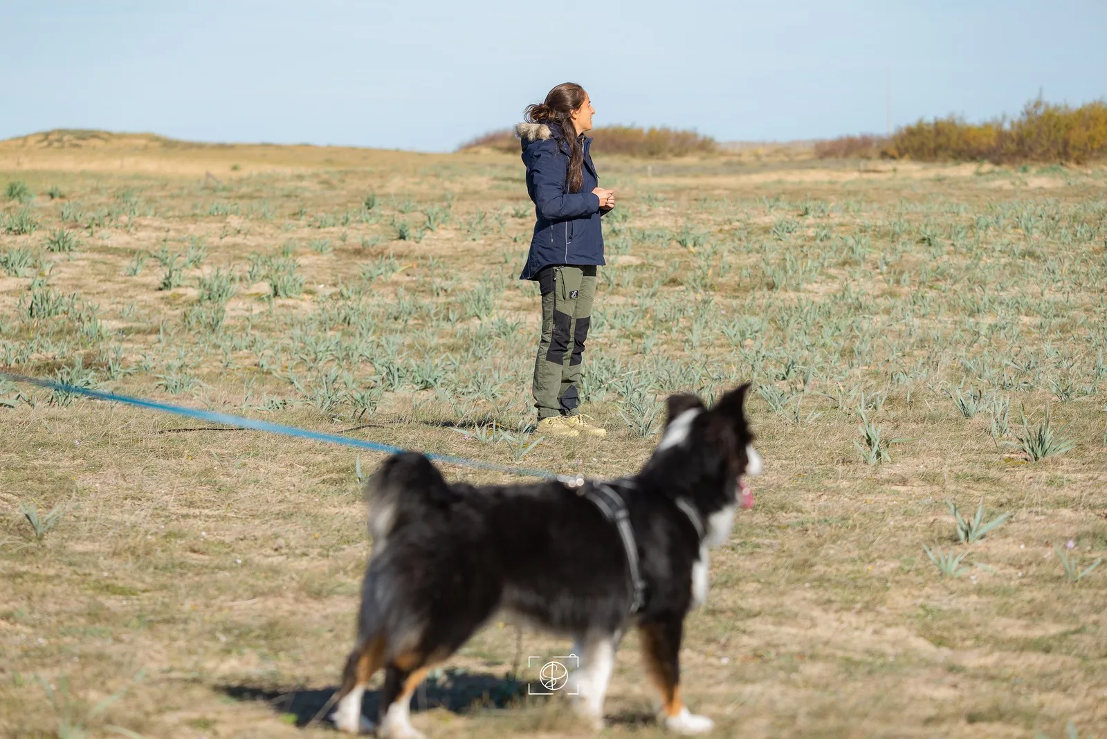 Inès en séance d'éducation canine avec un chien en longe dans un champ